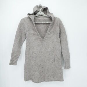 Gap Sweater Womens Small Gray Heathered Hooded Pocket Knit Lambswool Deep V